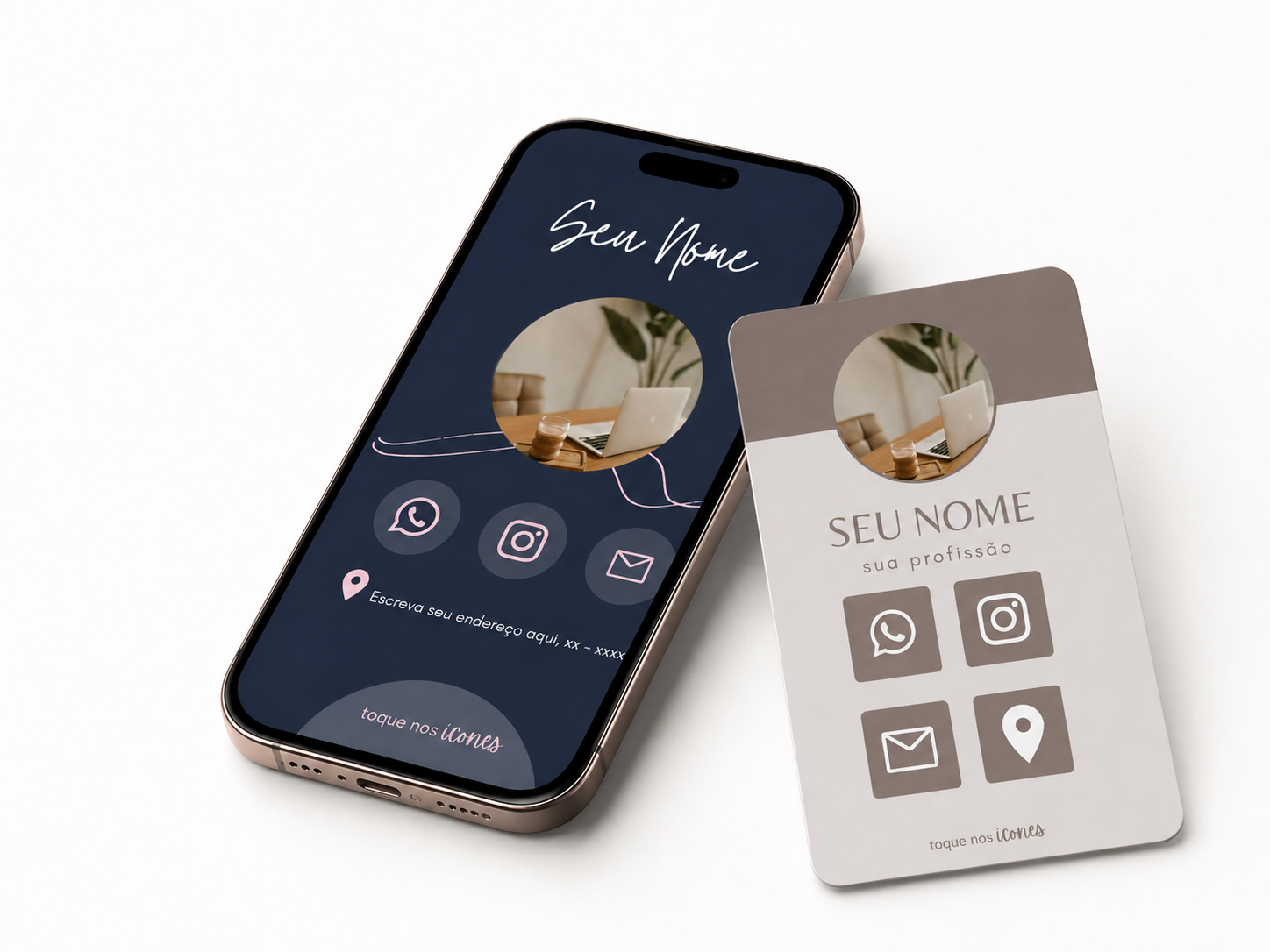 Mockup de dois modelos reais de cartão virtual, um no celular e outro externo